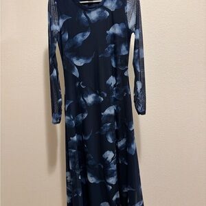 Elegant Blue Floral Long Sleeve Dress